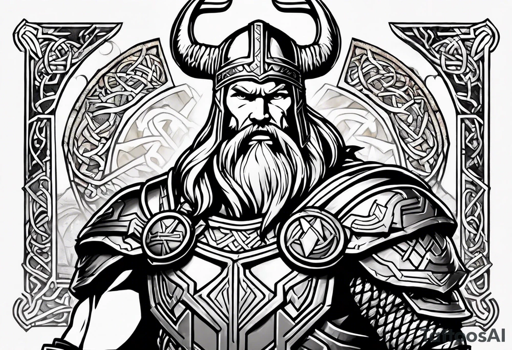Thor with viking runes in the background as a vignette tattoo idea