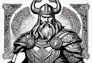 Thor with viking runes in the background as a vignette tattoo idea