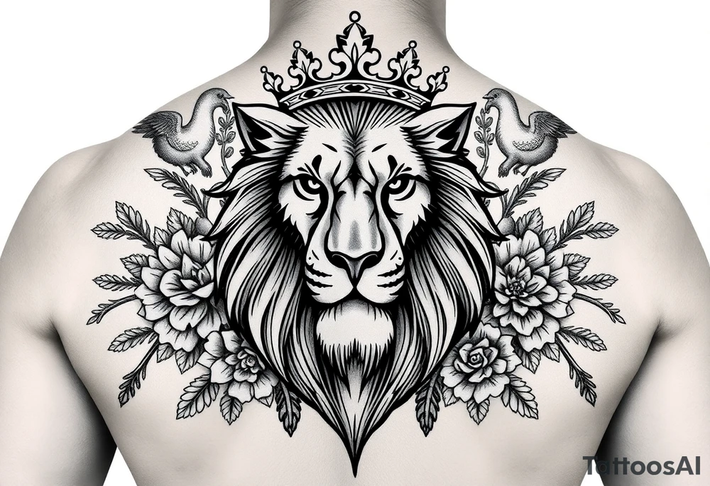 powerful majestic lion with a crown, surrounded by floral ornaments and birds tattoo idea