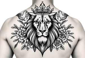 powerful majestic lion with a crown, surrounded by floral ornaments and birds tattoo idea