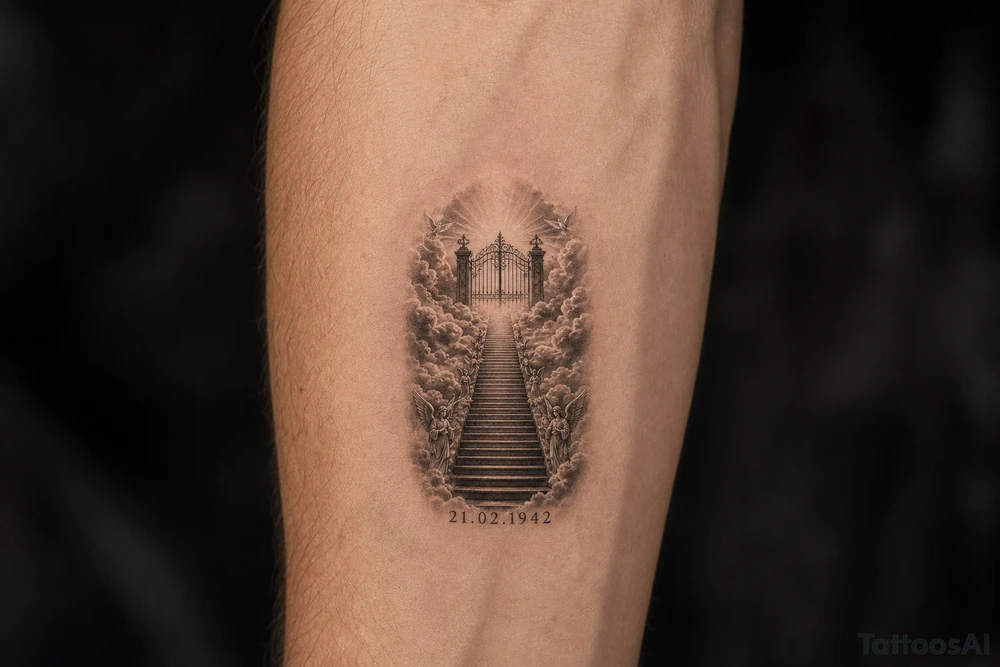 Stairway to heaven, with clouds surrounding the stairs, and the gate being at the top. A date, below the stairs, in Roman numerals 21.02.1942. Also, add some details other than the clouds. tattoo idea