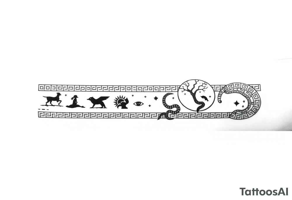 Greek meander tattoo band for forearm, long horizontal design (not a circle), intricate black and red ink. Left side (day): red sun with sharp rays, tiny running human silhouettes, birds. Right side (night): black crescent moon, stars, ouroboros snake. All elements are stylized as part of the meander pattern — symbols emerge from the geometric lines. Hidden details: small all-seeing eye, Tree of Life branches woven into the meander. High-contrast line art, no shading, no background. Inspired by ancient Greek pottery borders, seamless repeat pattern for tattoo sleeve tattoo idea