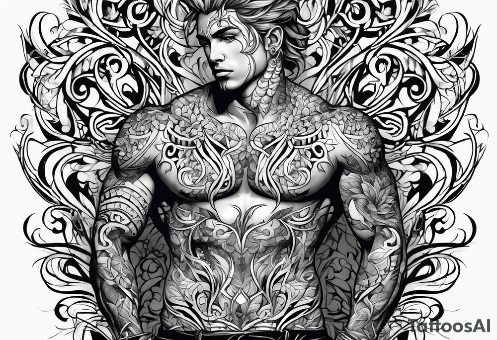 vines coming from skin and wrapping around body. front torso (chest, abs) tattoo idea