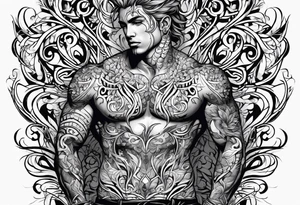 vines coming from skin and wrapping around body. front torso (chest, abs) tattoo idea