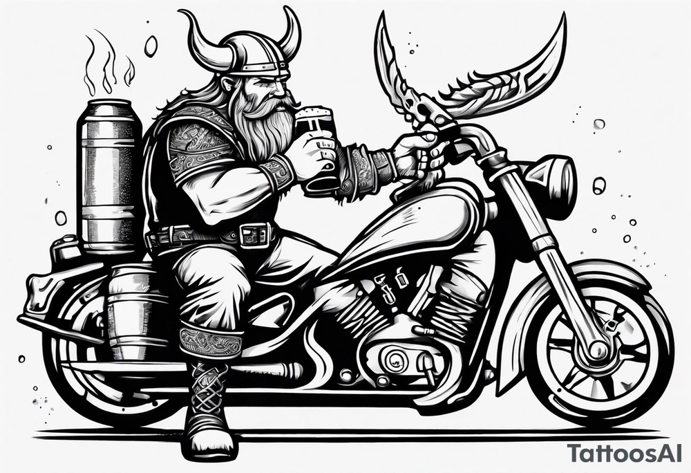 A viking drinking a beer on a motorcycle tattoo idea