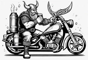A viking drinking a beer on a motorcycle tattoo idea