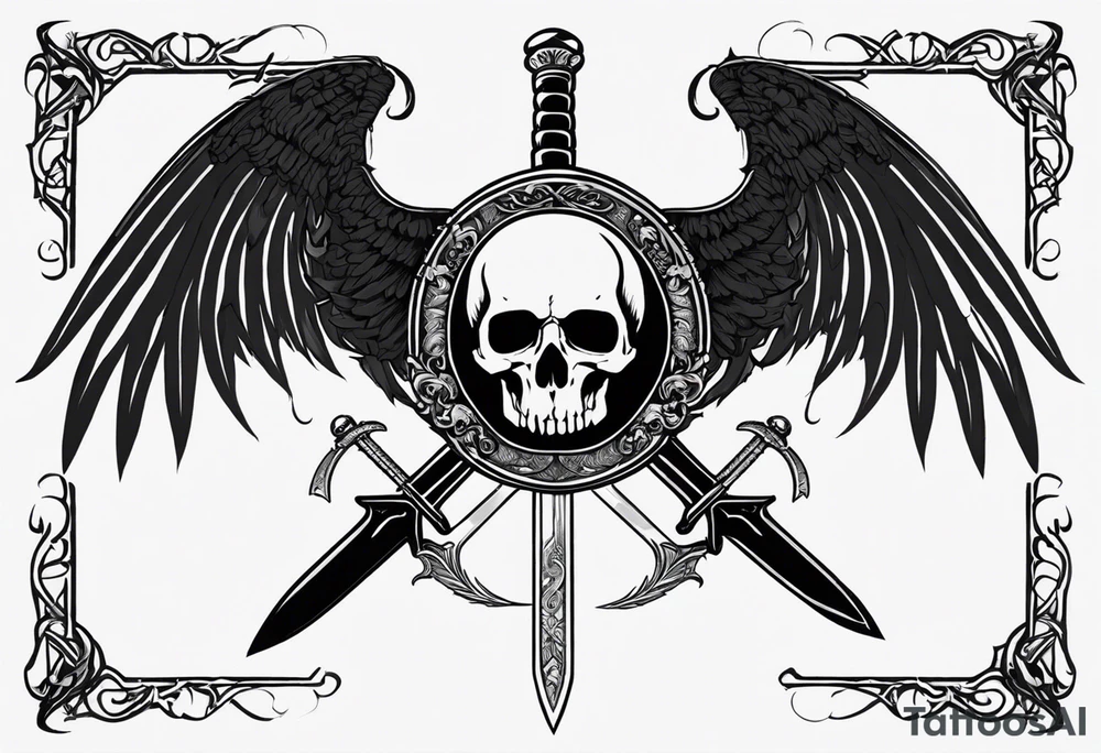 In the center is a half skull pierced by a large sword. On either side of the skull, there are spread angel wings, creating an impression of protection and majesty. Beneath the skull is a ribbon that weaves through both the skull and the sword tattoo idea