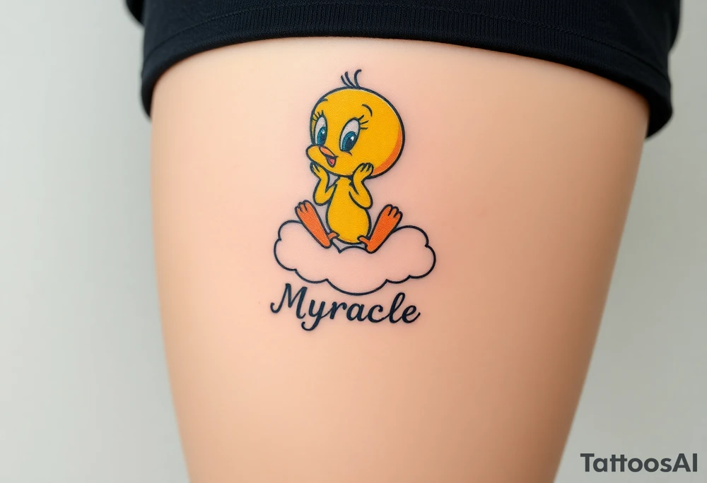 Tweety Bird on a cloud with his head in his hands looking up. Under the cloud in small capital letters is the name Myracle Blessing tattoo idea