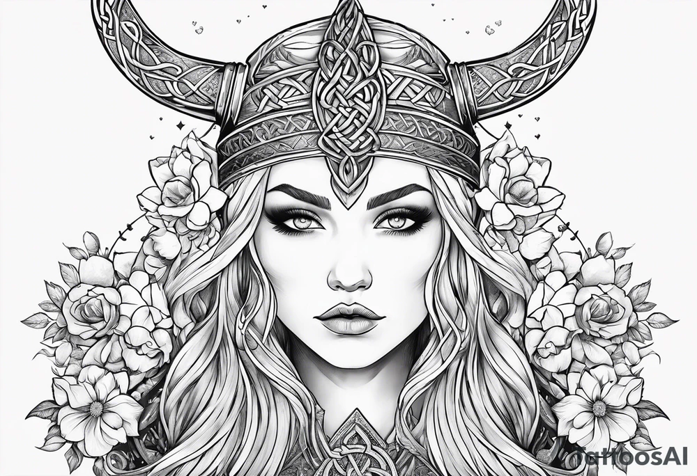 Viking goddess, axes, moonlight, flowers, Celtic, bedroom eyes tattoo idea
