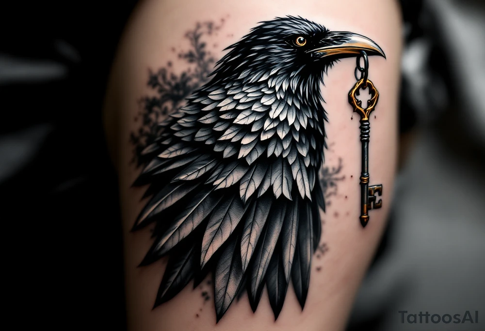 Crow Carrying a Key – A mysterious crow flying with a vintage iron key in its beak. Grayscale with rust-colored highlights on the key. tattoo idea