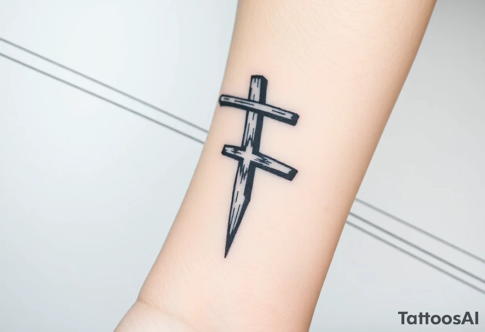 a wooden 12kv distribution pole with electrical lines. Make the pole a cross that has a hidden resemblance to god. tattoo idea
