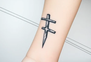 a wooden 12kv distribution pole with electrical lines. Make the pole a cross that has a hidden resemblance to god. tattoo idea