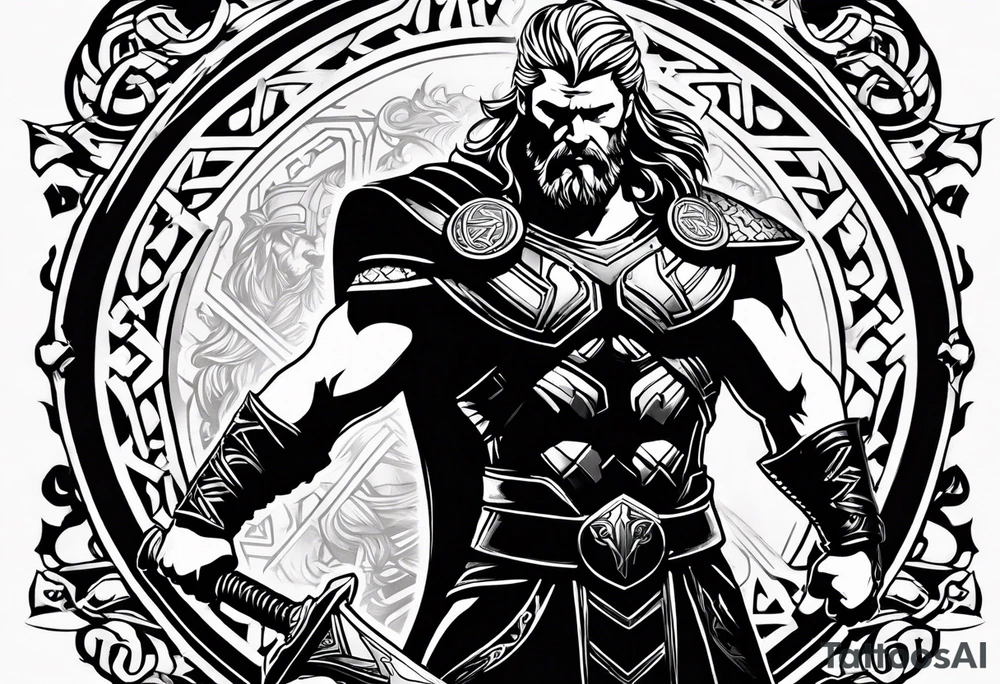 Thor with viking runes in the background as a vignette tattoo idea
