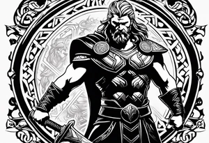 Thor with viking runes in the background as a vignette tattoo idea