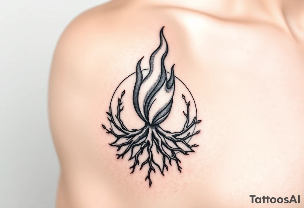 flame in a blooming roots circle tattoo idea