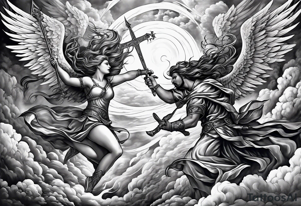 Angels fighting against demons in the clouds tattoo idea