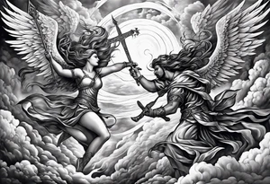 Angels fighting against demons in the clouds tattoo idea