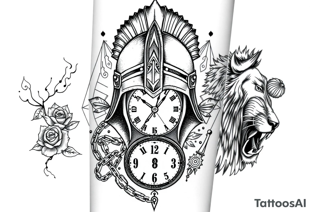 A detailed tattoo featuring a stylized warrior helmet with intricate textures and patterns. Behind it lies a shattered clock face with exposed gears and intertwined chains, symbolizing struggle with time and anxiety. Surrounding the helmet and clock are swirling smoke and wind patterns filled with fine details like leaves, feathers, and tribal motifs, representing resilience and growth. On one side, a blooming thorned rose or lotus flower symbolizes delicate strength and love. On the other side, a fierce roaring lion or wolf head embodies courage and protection. The background includes geometric shapes and dotwork to add depth and unify the design. The style combines bold linework with fine detail, dotwork, and shading for a powerful modern tattoo. tattoo idea