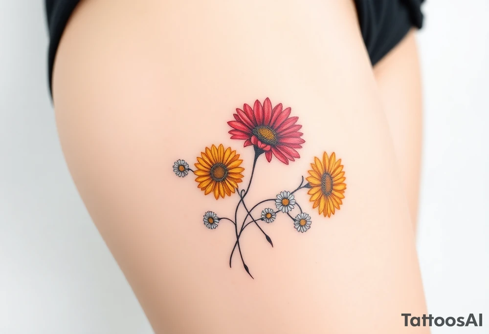 Fine line flower tattoo with three gerbera daisies (red, yellow, and orange) along with smaller white regular daisies. Mix in a Celtic everlasting love knot symbol somehow and maybe some fine line swirls, tendrils, or spirals tattoo idea