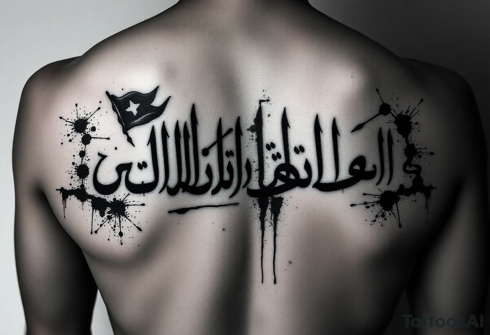 Dark surrealism style tattoo. The phrase "لا فتی الا علی لا سیف الا ذوالفقار" emerging from shadows and ink splatters. Gritty texture, charcoal sketch style, dramatic depth. The calligraphy looks sharp and dangerous, like cold steel. Gothic influence, powerful energy, heavy shading, masterpiece quality. tattoo idea