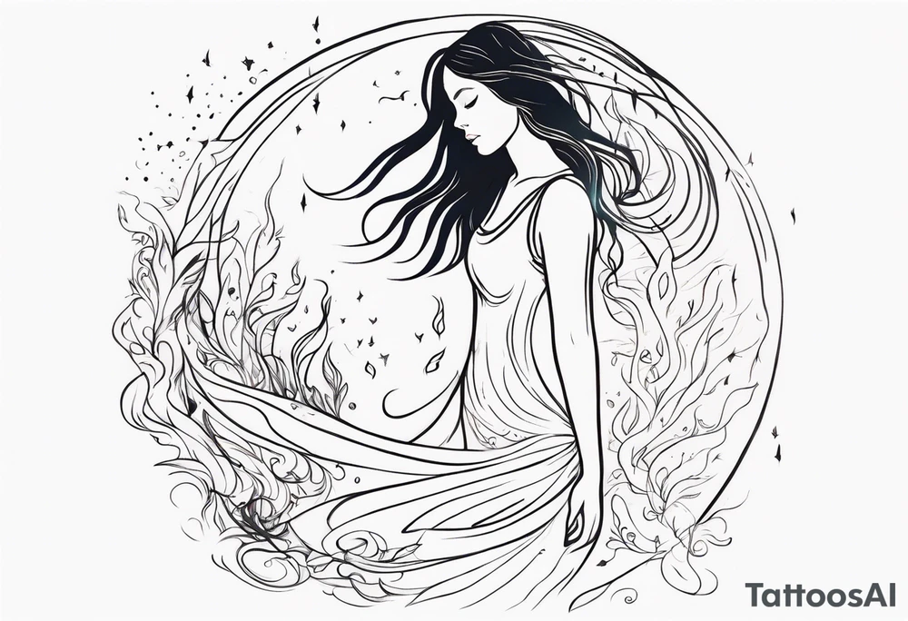 Resurrection Beautiful Woman walking through fire and chaos to inner peace and self-love  ethereal tattoo idea