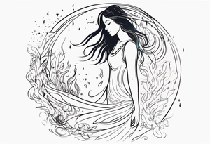 Resurrection Beautiful Woman walking through fire and chaos to inner peace and self-love  ethereal tattoo idea