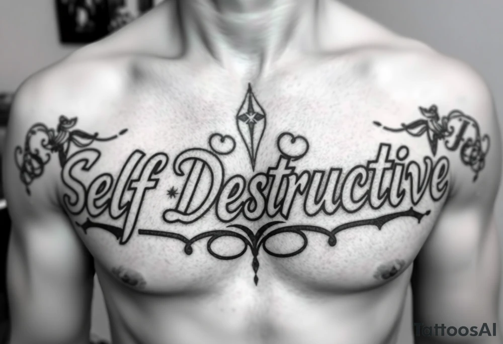 The words Self Destructive in Chicano lettering across the chest tattoo idea