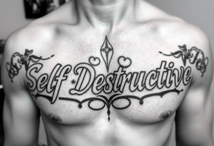 The words Self Destructive in Chicano lettering across the chest tattoo idea