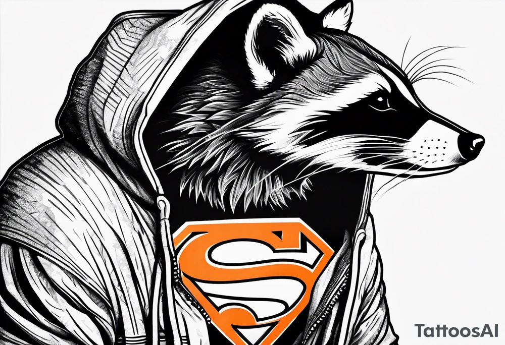 Raccoon wearing an orange Superman hoodie tattoo idea