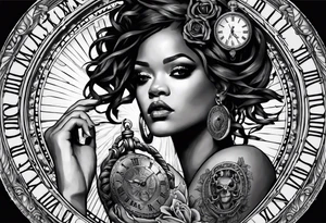 Rihanna Medusa Hand tattoo and above that I want a pocket watch with the time 9:23 and I want Illuminati eye inside of the pocket watch and then I want a vulture holding the pocket watch tattoo idea