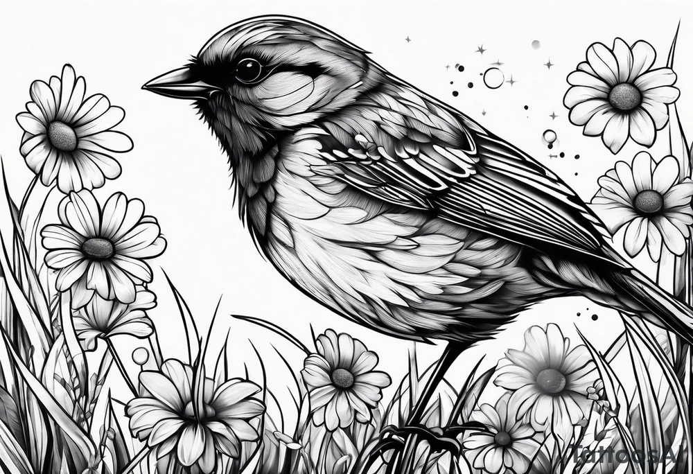 Little bird perched in grass with daisy tattoo idea