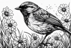Little bird perched in grass with daisy tattoo idea