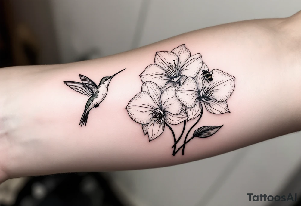 A delicate, black and white fine-line tattoo for male, featuring gracefully detailed 2 orchids in full bloom including their stems, with soft, intricate petals and elegant curves. Beside it, a hummingbird hovers mid-flight, its wings drawn with subtle motion lines, its slender beak reaching toward the orchid’s center to drink its nectar. on the other flower there is a bee that is resting tattoo idea