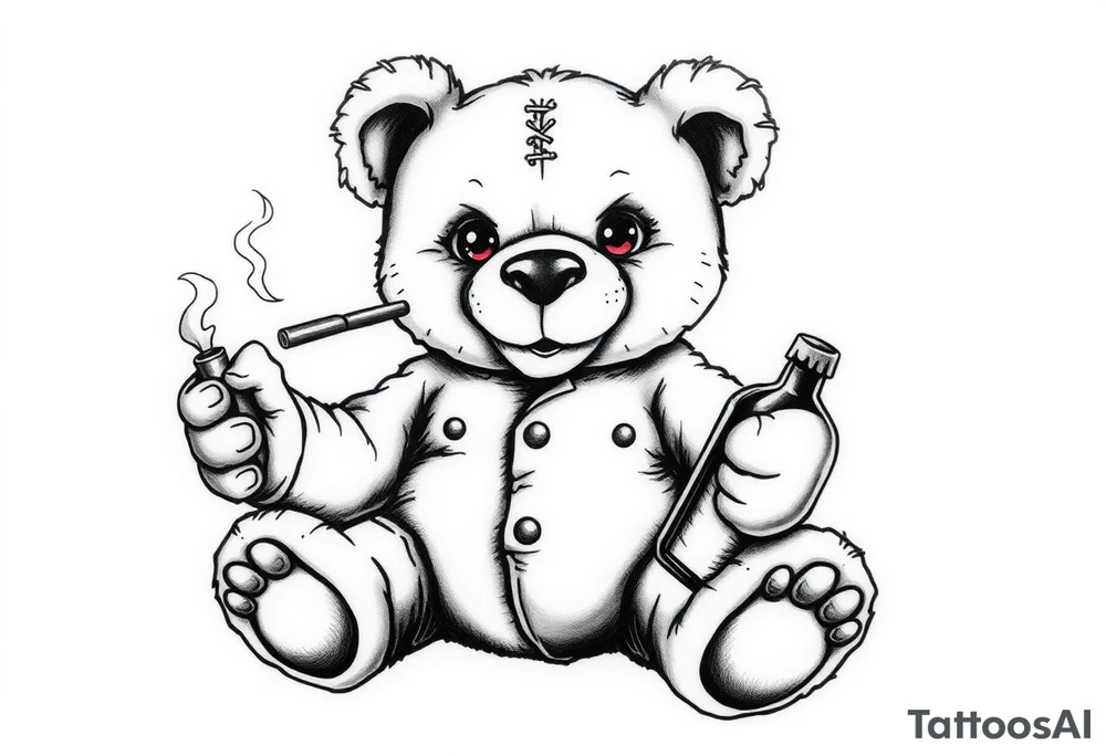 "A black and white realistic tattoo design of a rebellious teddy bear. The bear looks worn out, with visible stitches, a torn ear, and a button eye. It sits in a relaxed pose, holding a smoking cigar in one paw and a whiskey bottle in the other. Some stuffing is peeking through its seams. The bear has a smug expression, and its eyes glow red as a minimal color accent. The style is detailed, dark, and edgy, perfect for a tattoo. tattoo idea