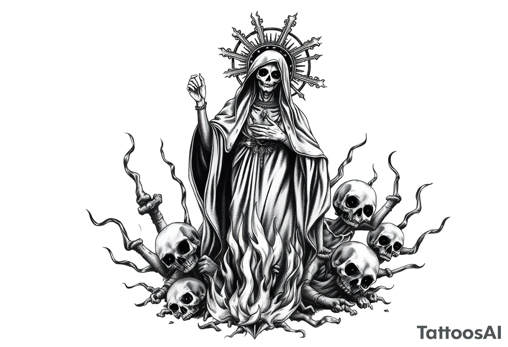 Powerful and evil Santa muerte rising from the flames and ashes of hell, surrounded by unclaimed souls tattoo idea