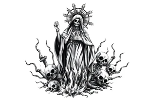 Powerful and evil Santa muerte rising from the flames and ashes of hell, surrounded by unclaimed souls tattoo idea