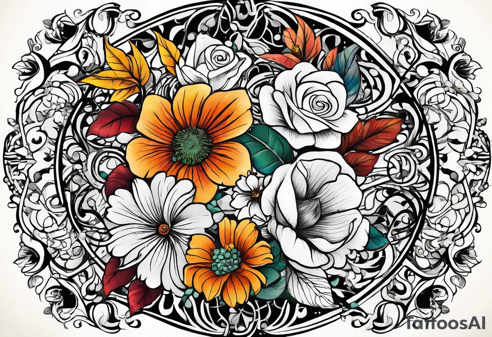arm sleeve with fall colors, flowers, water flow shapes, leaves and various natural shapes, music staff tattoo idea