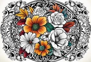 arm sleeve with fall colors, flowers, water flow shapes, leaves and various natural shapes, music staff tattoo idea