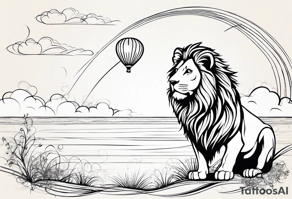 tatoo in sketch style only.
A little lion is holding a string to the hearth shaped small party baloon.
lion should be drawed from behind and has one hand reaching up in 45 degree angle and holding the baloon string
On the string is a wave which look like a hearbeat pulse.
draw it without any scenery, without any background. Just a lion 
Add heartbeat pulse on the string tattoo idea