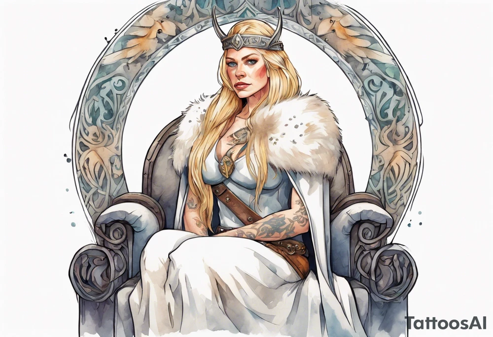 a 40-year-old Viking queen with blonde hair wearing a white fur cloak sitting on a throne with a dove on her shoulder tattoo idea
