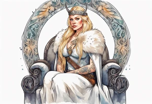 a 40-year-old Viking queen with blonde hair wearing a white fur cloak sitting on a throne with a dove on her shoulder tattoo idea