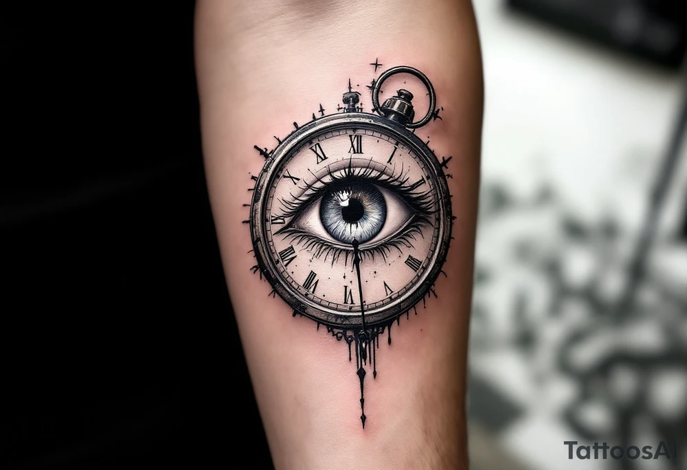 A surreal clock with an eye in place of the dial, eyelids opening like doors, intricate detail, realistic shading, black and gray. tattoo idea