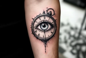 A surreal clock with an eye in place of the dial, eyelids opening like doors, intricate detail, realistic shading, black and gray. tattoo idea