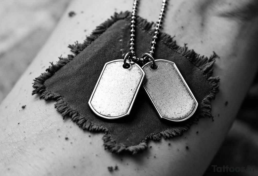 Silver dog tags resting beside a golden bullet casing on a torn olive drab uniform patch. tattoo idea