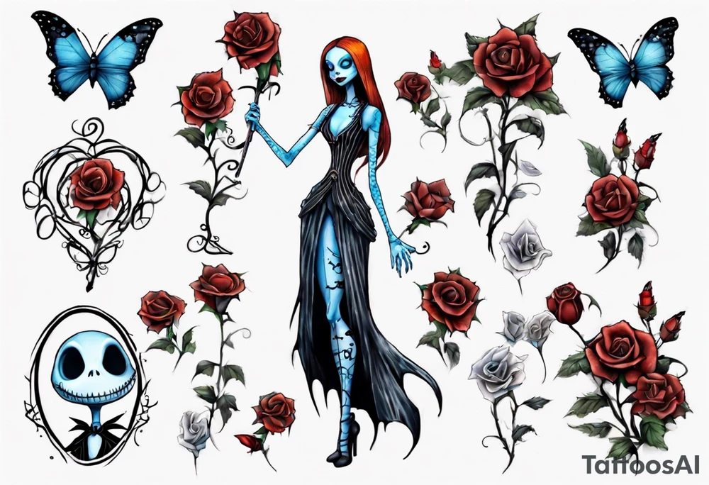 Nightmare before Christmas Sally. With a blue butterfly holding a flower tattoo idea