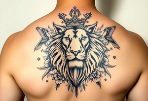 powerful majestic lion with a crown, surrounded by floral ornaments and birds tattoo idea