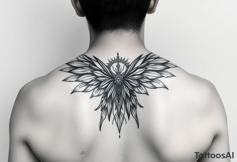 maximalist, cyber sigilism, organic touches, back tattoo, whimsical, witchy, hippie, fairy wing like, maximalistic, very very complex and big, detailed tattoo idea