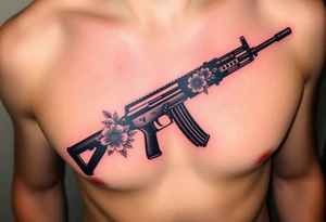 ak 47 black silhouette with floreal details tattoo idea