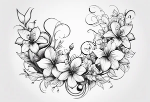 Flower and vine tattoo on upper left back climbing over the shoulder and towards the chest. Flowers should be Lilys, orchids, and dandelions. More empty space. More minimalist tattoo idea