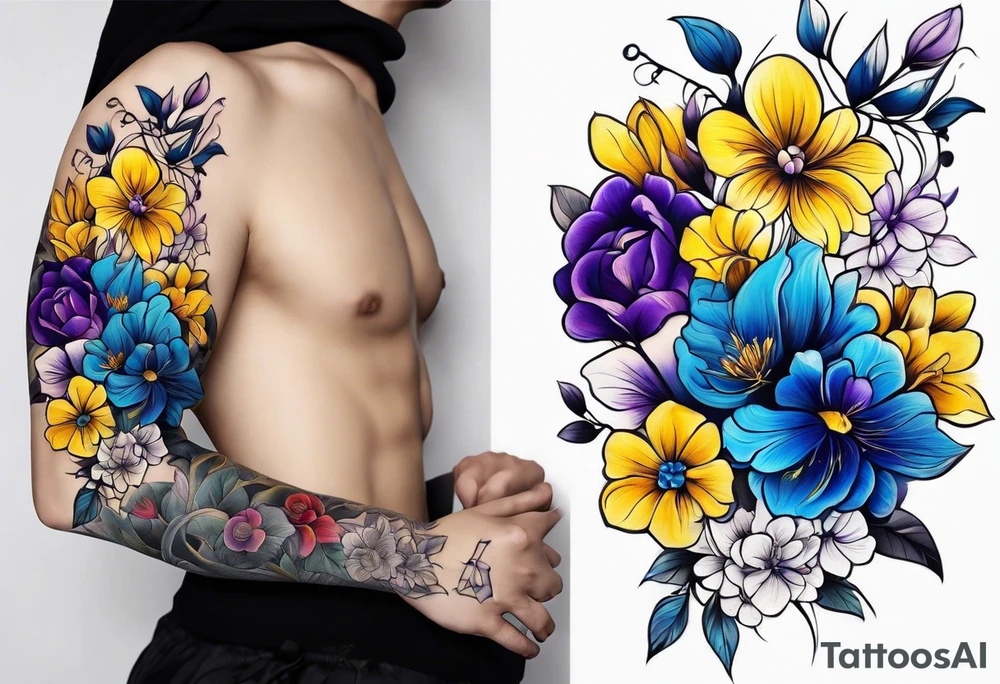 Blue yellow and purple flowers arm sleeve tattoo idea